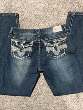 Y2K 1st Kiss Distressed Skinny Jeans Dark Wash Rhinestone Flap Pockets Size 30